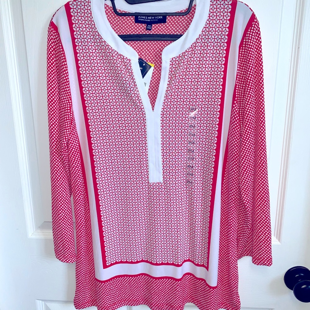 Jones New York Petite Medium orange and white long sleeve blouse NWT
